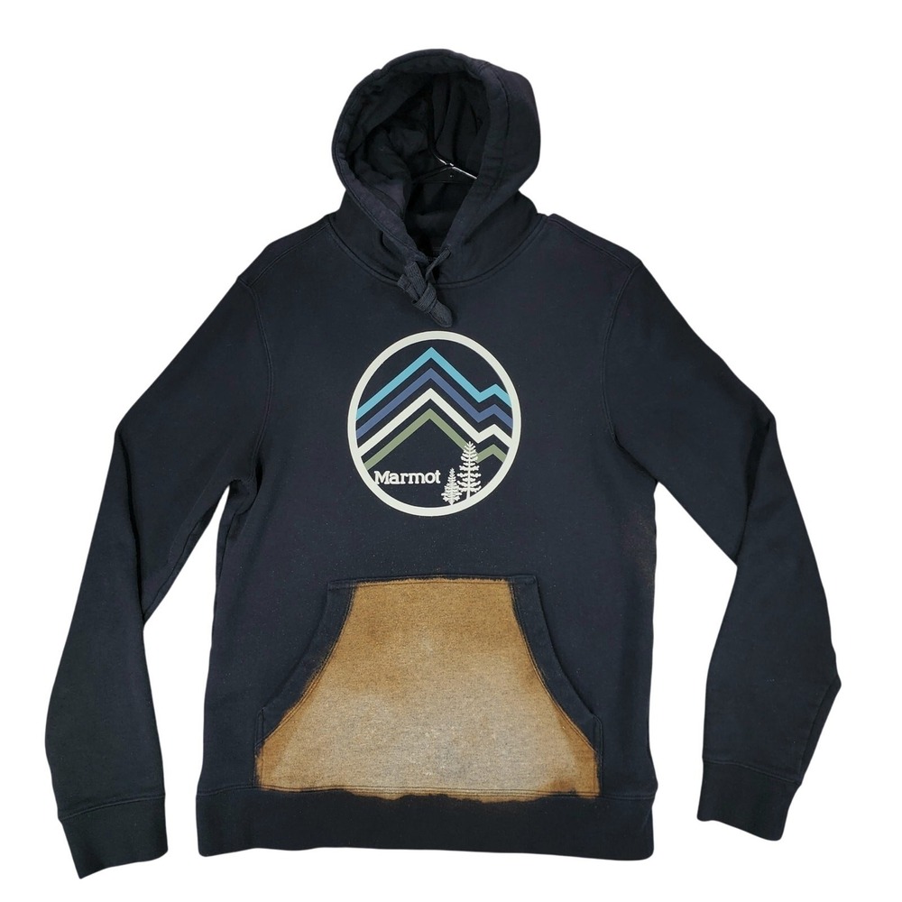 Marmot Hoodie S Men Black‎ Pullover Logo Outdoors Gorpcore Grunge Bleach Spray